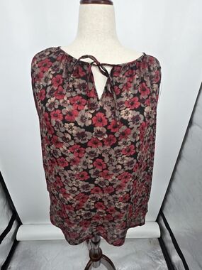 Chaps Red And Brown Floral Tie-Neck Sleeveless Blouse XL